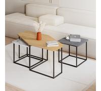Decortie Modern Nesty Coffee Table Nest Of 3 Tables Oak, Retro Grey, White Marble Effect Nested Table Engineered Wood W/metal Legs