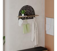Decortie Modern Pine Wall-Mount Coat Hanger Dark Oak Effect 6 Hooks Metal Laser-Cut Design Engineered Wood Shelf Storage Hallway