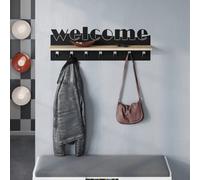 Decortie Modern Welcome Letter Wall Hanger Oak Metal 7 Metal Hooks For Hanging Shelf Rack Hotels Hallway Bedroom (Black)