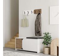 Decortie Modern Moni Shoe Cabinet White-Dark Oak Effect 3-Door Storage Cabinet With 5-Hook Organiser Set Fabric Seat