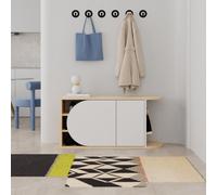 Decortie Nova Shoe Bench Storage Oak, White Engineered Wood 2-Door Oval Cut Edge 104(W)Cm With Metal Hook Organiser Hallway