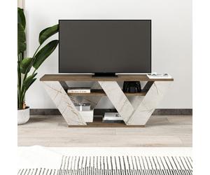 Decortie Pipralla Modern Tv Stand Multimedia Centre Tv Unit Dark Oak Effect, Gold Marble Effect With Shelves 110Cm