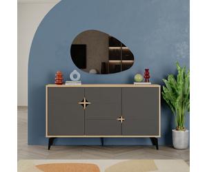 Decortie Spark Console Sideboard Display Unit 3 Cabinets Shelves Drawer Oak Anthracite Grey 140X35X80Cm