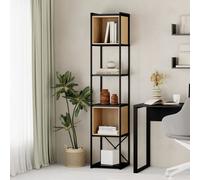 Decortie Vale Mini Bookcase Black, Oak Versatile Display Unit 5-Tier Metal Frame 2 Adjustable Shelf 12mm Engineered Wood