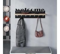 Decortie Modern Welcome Letter Wall Hanger Oak Metal 7 Metal Hooks For Hanging Shelf Rack Hotels Hallway Bedroom (Black)