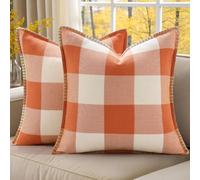 decorUhome Buffalo Check Plaid Cushion Covers Linen Farmhouse Trimmed Edge Decorative Cushion Covers for Sofa 50x50cm, Orange and White, Set of 2