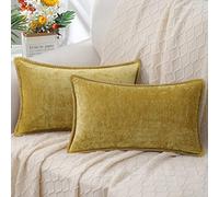 decorUhome Chenille Soft Throw Pillow Covers 12x20 Set of 2, Lumbar Velvet Farmhouse Neutral Decorative Euro Pillow Covers with Stitched Edge for Couch Sofa Bed Home Decor, Mineral Yellow