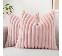 decorUhome Faux Fur Cushion Covers 60x60 cm Set of 2, Decorative Soft Plush Striped Neutral Pillow case 24X24 Inch with Velvet Back for Sofa, Bed, Living Room Home Decor, Pink