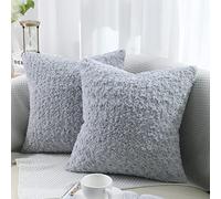decorUhome Set of 2 Fur Cushion Covers Decorative Faux Fur Plush Fluffy Square Neutral Pillow Case for Sofa, Light Grey, 16 x 16 inch/40x40cm