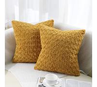 decorUhome Set of 2 Fur Cushion Covers Decorative Faux Fur Plush Fluffy Square Neutral Pillow Case for Sofa, Mustard Yellow, 26 x 26 inch/65x65cm
