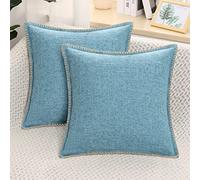decorUhome Set of 2 Linen Cushion Covers 45X45cm,Decorative Outdoor Plain Vintage Cushion Covers with Stitched Edges, Square Farmhouse Neutral Pillow case 18x18 Inch for Sofa, Blue