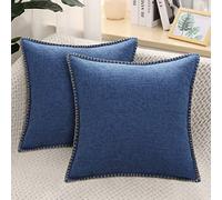 decorUhome Set of 2 Linen Cushion Covers 45X45cm,Decorative Outdoor Plain Vintage Cushion Covers with Stitched Edges, Square Farmhouse Neutral Pillow case 18x18 Inch for Sofa, Navy