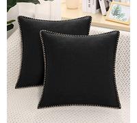 decorUhome Set of 2 Linen Cushion Covers 50X50cm,Decorative Outdoor Plain Vintage Cushion Covers with Stitched Edges, Square Farmhouse Neutral Pillow case 20x20 Inch for Sofa, Black