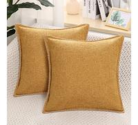 decorUhome Set of 2 Linen Cushion Covers 55X55cm,Decorative Outdoor Plain Vintage Cushion Covers with Stitched Edges, Square Farmhouse Neutral Pillow case 22x22 Inch for Sofa, Bronze Gold