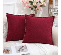 decorUhome Set of 2 Linen Cushion Covers 55X55cm,Decorative Outdoor Plain Vintage Cushion Covers with Stitched Edges, Square Farmhouse Neutral Pillow case 22x22 Inch for Sofa, Burgundy