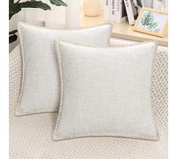decorUhome Set of 2 Linen Cushion Covers 55X55cm,Decorative Outdoor Plain Vintage Cushion Covers with Stitched Edges, Square Farmhouse Neutral Pillow case 22x22 Inch for Sofa, Beige