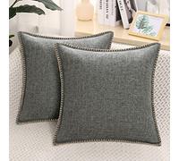 decorUhome Set of 2 Linen Cushion Covers 60X60cm, Decorative Outdoor Plain Vintage Cushion Covers with Stitched Edges, large Square Farmhouse Neutral Pillow case 24x24 Inch for Sofa, Dark Grey