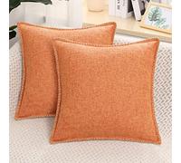 decorUhome Set of 2 Linen Cushion Covers 65X65cm,Decorative Outdoor Plain Vintage Cushion Covers with Stitched Edges, large Square Farmhouse Neutral Pillow case 26x26 Inch for Sofa, Orange