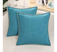 decorUhome Set of 2 Linen Cushion Covers 65X65cm,Decorative Outdoor Plain Vintage Cushion Covers with Stitched Edges, large Square Farmhouse Neutral Pillow case 26x26 Inch for Sofa, Teal