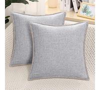 decorUhome Set of 2 Linen Cushion Covers 65X65cm,Decorative Outdoor Plain Vintage Cushion Covers with Stitched Edges, large Square Farmhouse Neutral Pillow case 26x26 Inch for Sofa, Light Grey