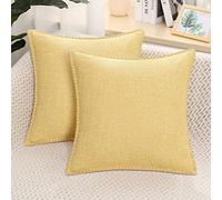 decorUhome Set of 2 Linen Cushion Covers 65X65cm,Decorative Outdoor Plain Vintage Cushion Covers with Stitched Edges, large Square Farmhouse Neutral Pillow case 26x26 Inch for Sofa,Mustard Yellow