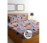 DECORUM Glace Cotton Fitted 1 Bedsheet King Size (72"x78") | All Around Elastic | Cotton Feel | 2 Pillow Covers (17"x27") | Fits Up to 8" Mattress | 200-220 TC | Printed Double Bed Sheet Set