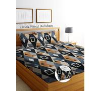 DECORUM Glace Cotton Fitted 1 Bedsheet King Size (72"x78") | All Around Elastic | Cotton Feel | 2 Pillow Covers (17"x27") | Fits Up to 8" Mattress | 200-220 TC | Printed Double Bed Sheet Set