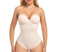 Decorus Strapless Shapewear Seamless Bodysuit - Tummy Control Body Shaper for Women: Beige Removable Straps Thong Butt Lifting Shapewear