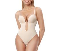 Decorus Thong Shapewear for Women Tummy Control Invishaper Plunge Backless Body Shaper Bra Low Back Bodysuit Daily Use, Beige, Medium