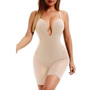 Decorus Women's Low Back Full Deep Plunge Strapless Bodysuit Mid Thigh Backless Shapewear Tummy Control Shaping Body Shaper, Beige, M