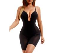 Decorus Women's Low Back Full Deep Plunge Strapless Bodysuit Mid Thigh Backless Shapewear Tummy Control Shaping Body Shaper, Black, Small