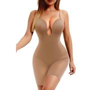 Decorus Women's Low Back Full Deep Plunge Strapless Bodysuit Mid Thigh Backless Shapewear Tummy Control Shaping Body Shaper, Brown, Small