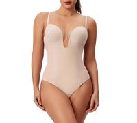 Decorus Women's Low Back Shapewear Tummy Control Deep V Neck Backless Body Shaper Plunge Thong Bridal Bodysuit Built in Bra