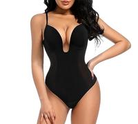 Decorus Women's Low Back Shapewear Tummy Control Deep V Neck Backless Body Shaper Plunge Thong Bridal Bodysuit Built in Bra, Black, Small