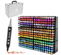 Decotime Twin Alcohol Markers Set & Stackable Tray & Case Storage - 300 Dual Tip Fine & Brush Alcohol Based Art Markers - Coloured Marker Pens for Adults, Kids, Professional Artist Colouring & Drawing