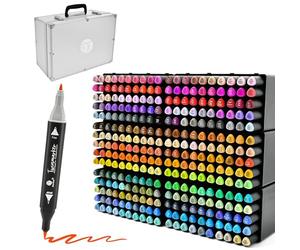 Decotime Twin Alcohol Markers Set & Stackable Tray & Case Storage - 300 Dual Tip Fine & Brush Alcohol Based Art Markers - Coloured Marker Pens for Adults, Kids, Professional Artist Colouring & Drawing