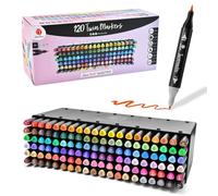 Decotime Twin Alcohol Markers with Stackable Alcohol Marker Storage Tray - 120 Dual Tip Fine & Brush Markers - Coloured Marker Pens for Adults, Kids - Quick Dry Art Supplies for Drawing & Colouring