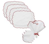 Decotique - Gia Textile Set 4 Placemats + 4 Napkins, White / Burgundy - White