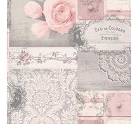 Decoupage Patchwork Floral Wallpaper Flowers Pink Grey Silver Metallic YöL