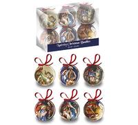 Decoupage Traditional Nativity Christmas Tree Baubles ~ Pack 6 with Red Ribbon ~ Religious Theme