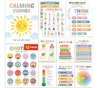 DECOWALL 12 Calming Corner Poster Stickers - Peel & Stick | Emotions, Feelings Wheel, Breathing & Coping Skills | No-Damage Removable Wall Charts for Kids | Classroom & Home (PS12-02)