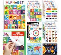 DECOWALL 18 Educational Posters for Kids - Peel & Stick Wall Decals for Nursery, Reception & KS1- Alphabet, Numbers, Colours, Shapes, Emotions & More-No-Damage Removable Learning Charts- Ages 2-6