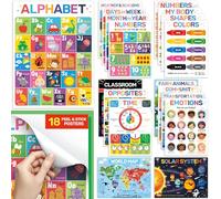 DECOWALL 18 Peel & Stick Educational Posters for Classroom & Nursery - Alphabet, Numbers, Colours, Shapes, Days & Months, Weather, World Map & Solar System (28 x 37 cm) (PS-01)