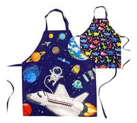 DECOWALL APS-202 Kids Apron 2 Pack - Dinosaurs, Space Planets for Boys Girls Children Chef Kitchen Aprons with Pocket Cooking Baking Painting Crafting Art Gardening Adjustable Strap Gift Little Helper