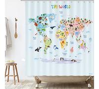 DECOWALL BSC-615 Animal World Map Shower Curtain set for Kids baby boys girls Waterproof washable Decorative Bathroom 71''x71'' (180x180cm) Polyester Fabric with 12 Hooks Colourful educational country