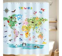 DECOWALL BSC-615 Kids Animal World Map Shower Curtain - Waterproof, Machine Washable, Rust-Resistant Grommets - Educational Bathroom Decor - 71"x71"(180x180cm) with 12 Hooks