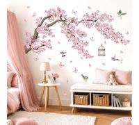 DECOWALL Cherry Blossom Tree Wall Stickers Pink Flower Branch Birds Wall Decals Bedroom Living Room Sofa TV Background Home Décor (SG2-2426)