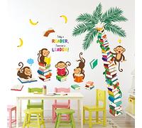 DECOWALL DSL-8065 Book Tree & Reading Monkeys Wall Stickers Removable Vinyl Decals for Kids Bedroom, Nursery, School Library, Reading Corner, Classroom Decor