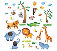DECOWALL DW4-1206 Jungle Animals Kids Wall Stickers Cartoon Safari Giraffe Tree Monkey Decals Removable Nursery Bedroom Living Room Playroom Art Decor Decoration