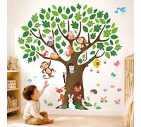 DECOWALL Giant Tree Wall Stickers Woodland Animal Wall Decals with Monkey Owl Fox Rabbit Birds, Peel and Stick Wall Art for Bedroom Living Room Decor (SG4-2211)